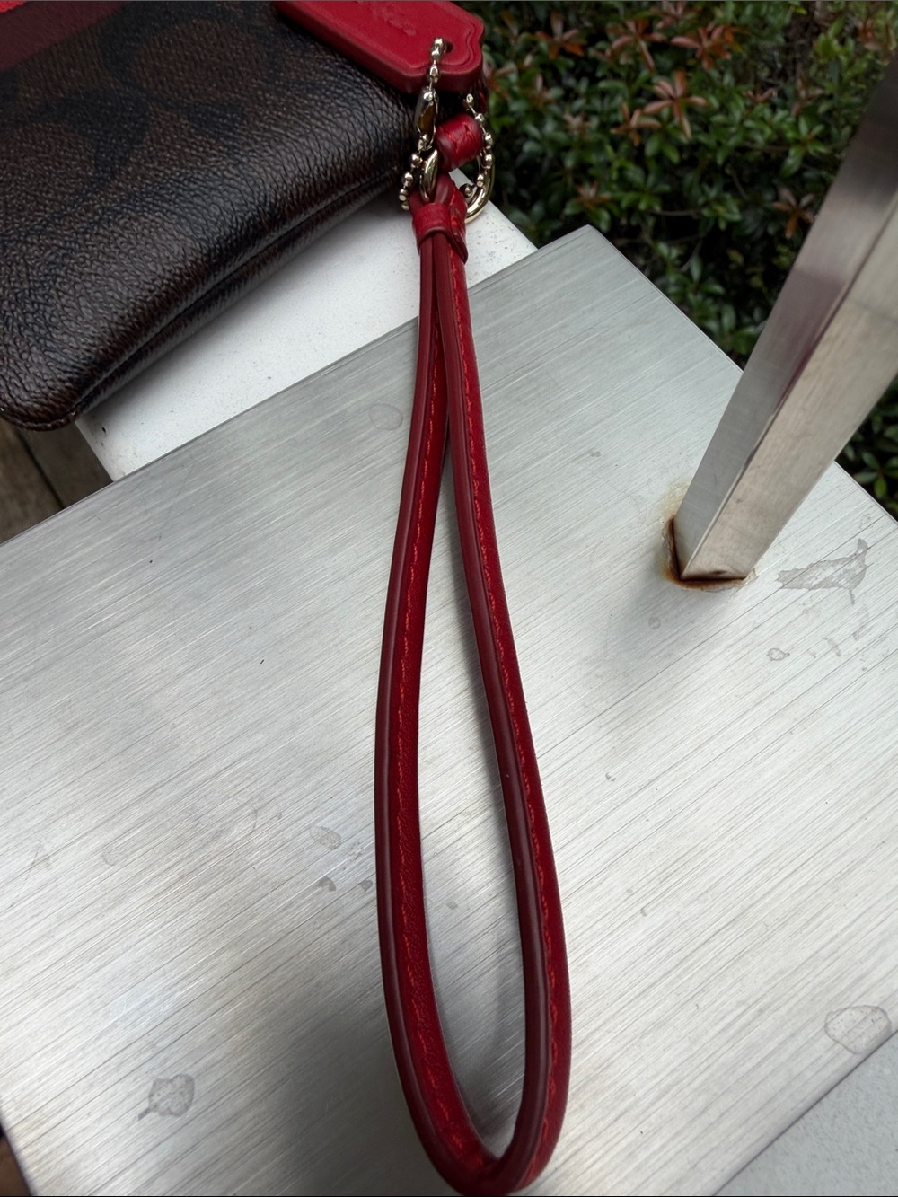 COACH Signature Stripe Zip Wristlet in Brown and Red - Picture 9 of 16